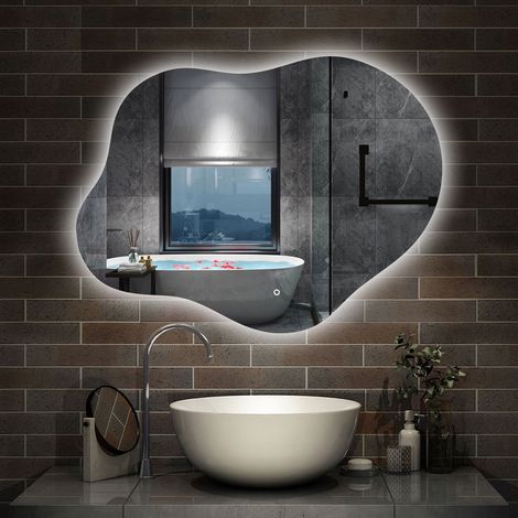 AICA Miroir lumineux de salle de bain en forme de nuage 90×68cm, rétro-éclairage, Design Asymétrique, 3 Couleurs + Dimmable + Anti-buée + Mémoire