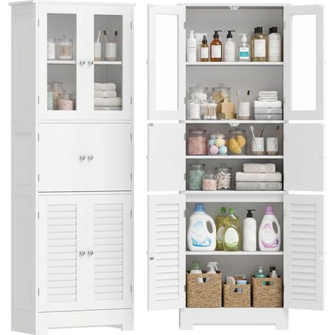 Meuble de salle de bain haut, meuble de rangement avec 6 portes dont 2 vitrées et 2 persiennes, étagère réglable, blanc (1/5)