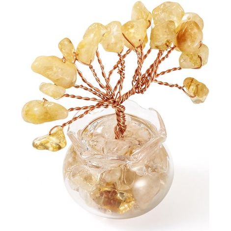 Adornos de árbol de piedras preciosas en miniatura，árbol de virutas de cuarzo amarillo natural con base de jarrón de cristal，amarillo (1/5)