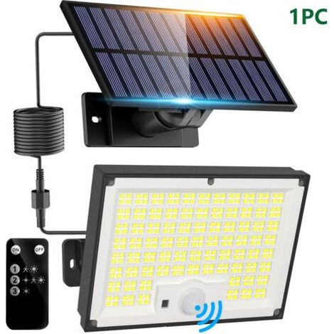 Lampe Solaire Exterieur Detecteur de Mouvement avec Télécommande, 342 LED Lumiere Solaire IP65 étanche Spot Solaire, 3 Modes Eclairaget Solaire pour Jardin Garage Cour, Blanc Chaud [Classe énergétique (1/4)