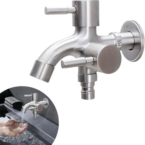 Robinet Double Universel 12'' en Acier Inoxydable, Mitigeur Robinetterie pour Machine à Laver, Jardin, Cuisine, Salle de Bain (Type 2) (1/5)