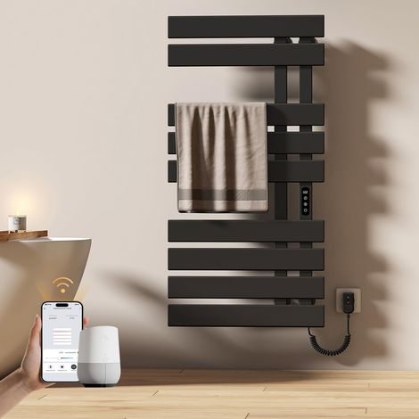 Chauffage électrique pour salle de bain, porte-serviettes, 500 x 1000 mm, WiFi, sèche-serviettes intelligent, électrique, noir, 320 W (1/5)