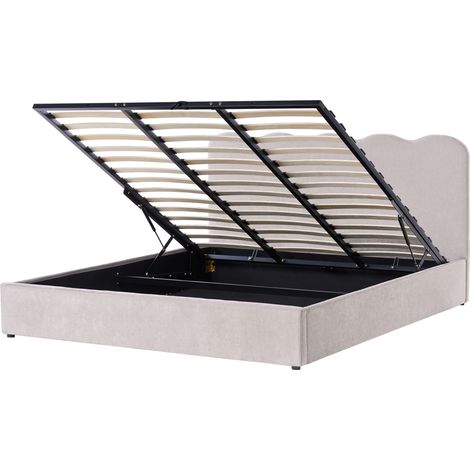 Cama con somier tapizado de chenilla 180 x 200 cm con cabecero espacio almacenaje elevable gris pardo Nanterre