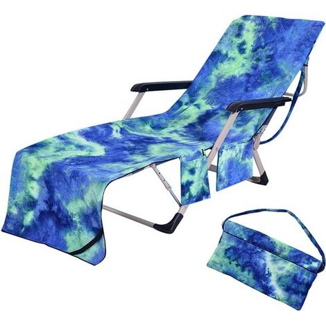 Funda para tumbona de playa, Con bolsillos laterales, Portátil y fácil de transportar, Antideslizante y de ajuste seguro, Estilo tie, dye azul (1/5)