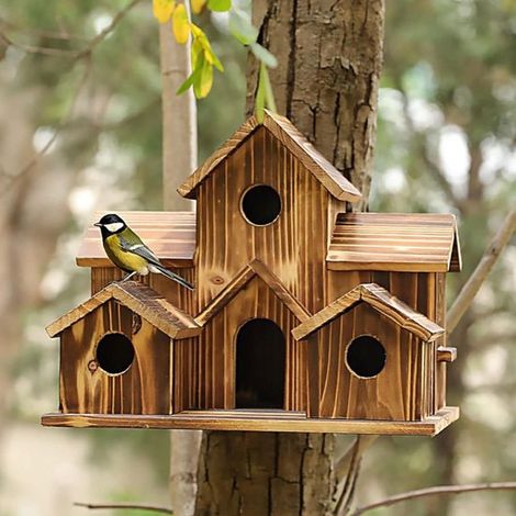 Casita para pájaros hecha a mano - Apta para exteriores - 6 agujeros - Nido, espacio de almacenamiento y comedero (1/4)