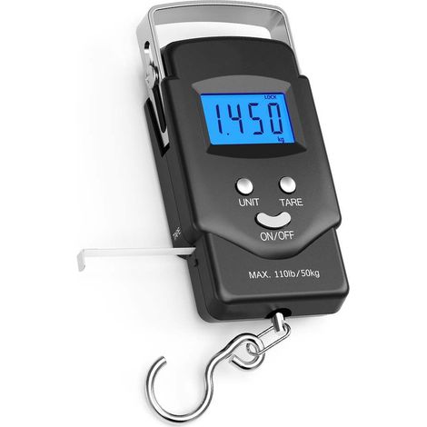 Digitale Angelwaage mit Haken und hintergrundbeleuchtetem LCD-Bildschirm, Tragkraft 50 kg (110 lb), inklusive Maßband und 2 AAA-Batterien. (1/4)