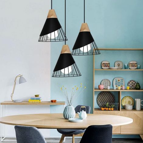Suspension Luminaire Moderne Industrielle Bois Lustre Abat-jour Métal Vintage forme Cage Ø25cm Plafonnier E27 Design pour Cuisine Chambre Salon (3 lampes - Noir - base) [Classe énergétique A]