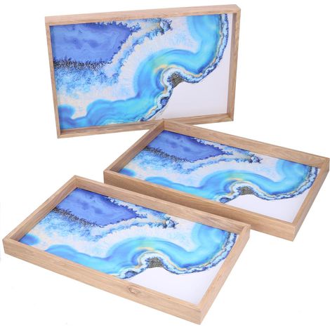 Set 3 Vassoi Rettangolari da Cucina in Legno Azzurro
