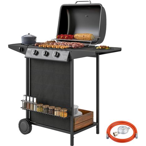 Barbacoa gaz 3 brûleurs brûleur latéral tapa thermomètre grille table latérale roues 108x54x97 cm Noir (1/5)