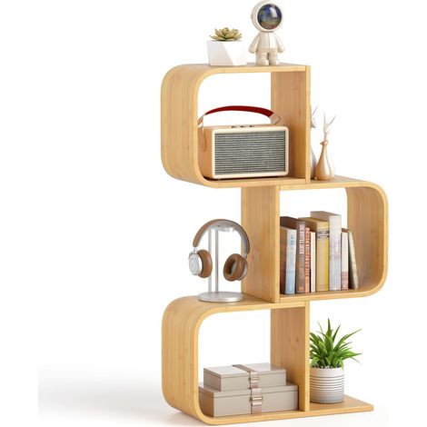 COSTWAY 3-TierS-Shaped Bookcase, Bamboo Bookshelf w/3 Open Cubes-Natural (1/5)