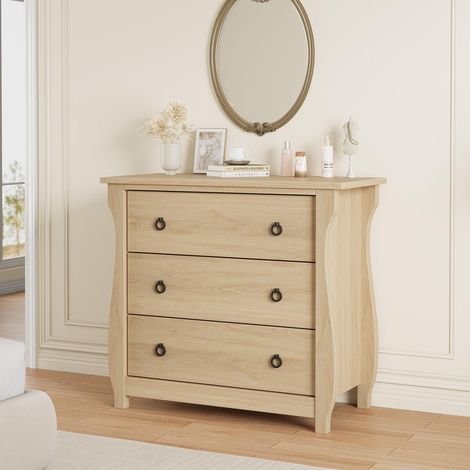 Commode moderne à 3 tiroirs, poignées anneaux en métal, 40 x 76 x 74 cm, chêne naturel (1/5)