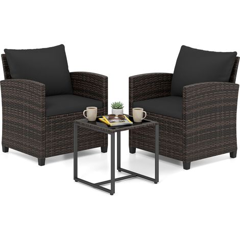 Salon de Jardin Exterieur 2 Personnes en Rotin PE, avec 2 Fauteuils à Coussins Amovibles&Table Basse à Plateau en Verre Trempé, Marron+Noir