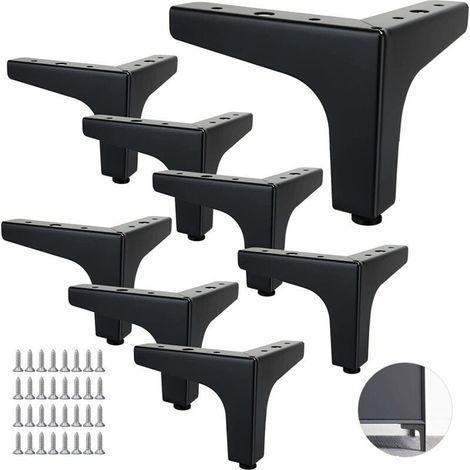 Lot de 8 Pieds de Canapé Metal 10 cm, Pieds de Table Basse Métal Charge Jusqu'à 600 KG Pied de Meuble Noir, Support de Table en Fer Forge/Sofa, Pied pour Meuble TV, Placard avec 40 vis (1/4)