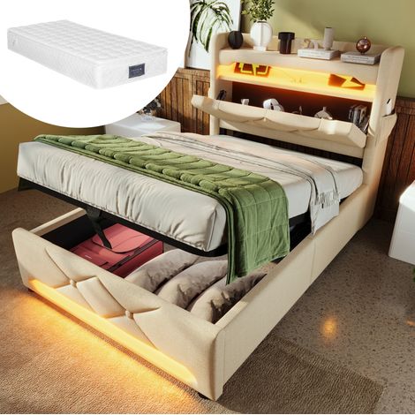 Lit coffre en lin beige 90x200 cm avec LED 360°, tête de lit avec USB/Type-C et matelas inclus (1/5)