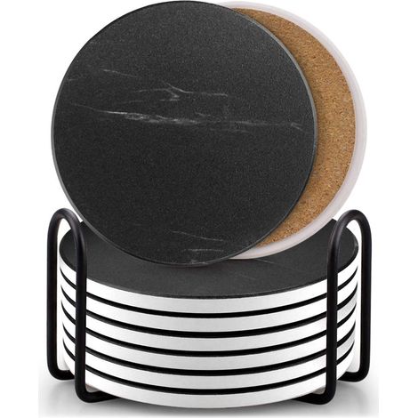 Lot de 8 Dessous de Verre pour Boissons, Style marbre en céramique avec Support pour Table Basse en Bois, décoration d'intérieur (Noir) (1/5)