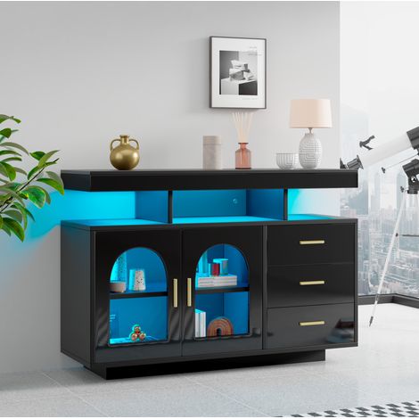 Aparador LED con 3 cajones y armario 120 cm negro OKMYHOME (1/5)