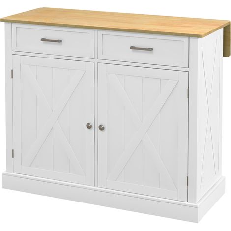Îlot de cuisine mobile avec plan de travail en bois pliable, 2 portes, 2 tiroirs, étagère réglable et 4 roulettes, 105 x 60 x 90,5 cm, blanc (1/5)