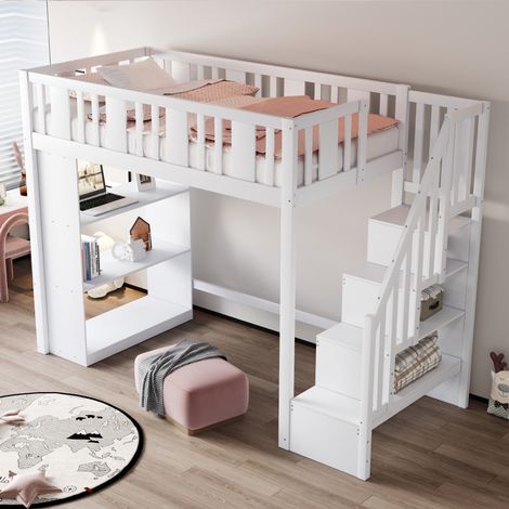 Lit mezzanine 90x200 cm, avec escalier de rangement - lit enfants et adolescents, lit fonctionnel, avec espaces de rangements, cadre en bois - Blanc (1/5)