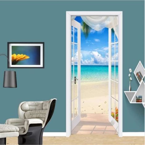 STICKERS Autocollant de porte 3D maison au bord de la mer PVC - auto-adhésif imperméable -pour décoration de maison murale 77x200 (1/4)
