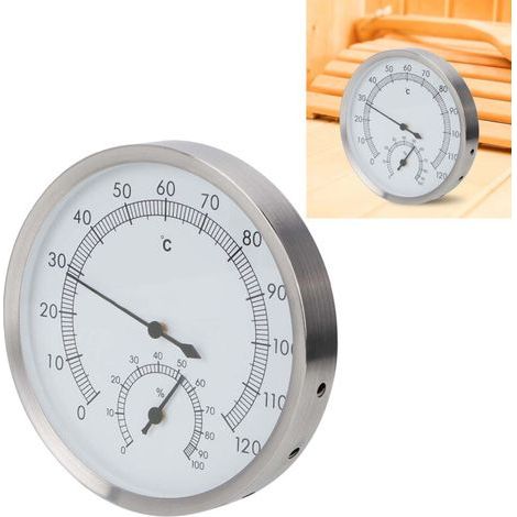 Thermo Hygrometer Sauna Room Thermometer Hygrometer Thermomètre Hygromètre Inox 2-en-1 pour Salle de Bain Design Étanche Haute Température Acier Inoxydable (1/5)