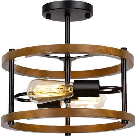 Lustre 2 lumières Imitation Bois Grain Vintage Ferme Industrielle Semi-encastrée plafonnier luminaire h 29.5 x w 30cm, Noir (1/5)