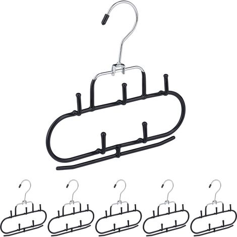 Relaxdays Belt Hanger, Set of 6, 5 Hooks, Bar, Non-Slip, Accessories Holder, Organiser for Ties & Scarves, Metal, Black