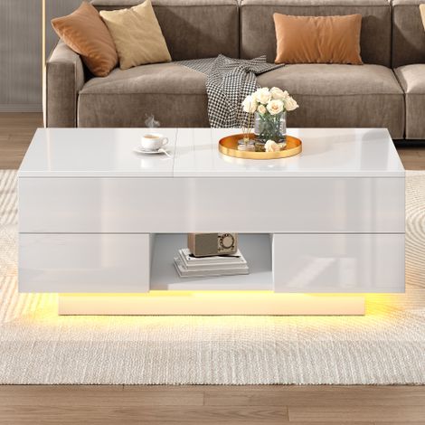 Table basse ovale 100x50x36 cm - 1 tiroir et 2 portes coulissantes - Rangement ouvert - Placage noyer - MDF - Naturel (1/5)