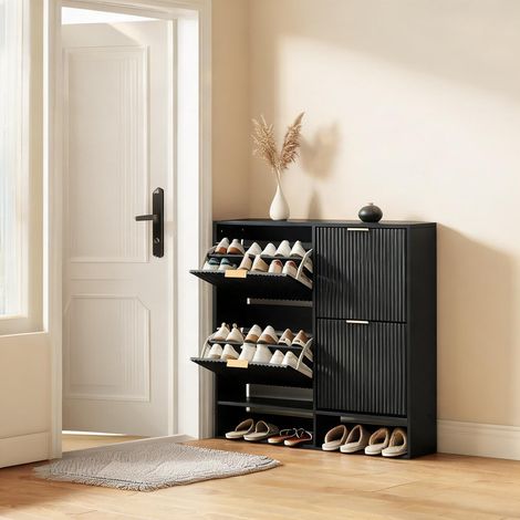 Meuble à chaussures 120 x 24 cm en MDF noir avec étagères (1/5)
