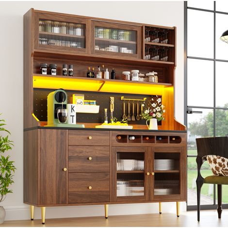 Hochschrank aus MDF und Glas, walnussfarben, 145 x 39 x 171 cm, mit LED-Beleuchtung, Weineinsatz, Glashalterung und Schublade (1/5)