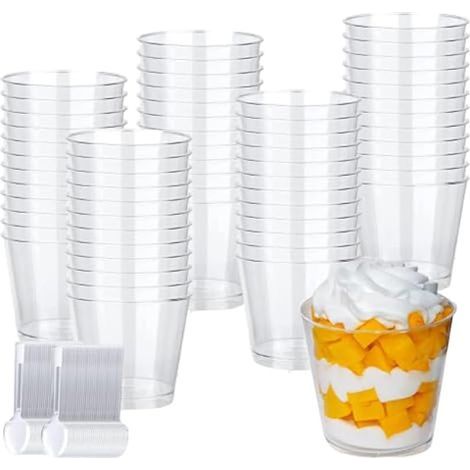50 pièces Tasses à Dessert, avec cuillère transparente,Gobelets à dessert transparents - Réutilisables - Gobelets à dessert ronds pour la maison, les desserts, le pudding, la mousse, la crème (200 ml (1/5)