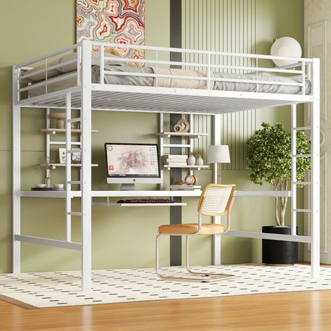REDOM Cama alta 140x200 cm con escritorio y 2 estanterías, metal blanco (sin colchón)