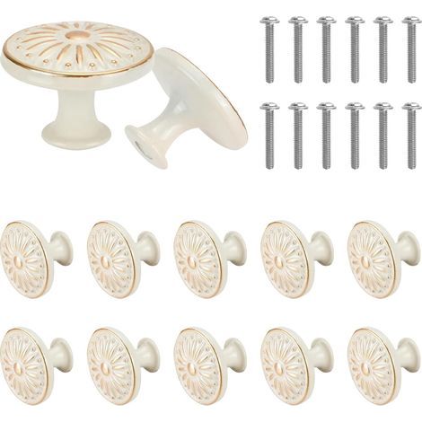 12-Piece Vintage Cabinet Knobs with Screws, Vintage Floral Pattern Round Kitchen Cabinet Handles, 1.18-inch Drawer Knobs, Vintage Bronze Cabinet Pullers for Wardrobe Doors - White (1/5)