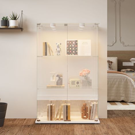 Vetrina in vetro temperato per collezioni, vetrina con 2 ante scorrevoli, serratura e maniglia metallica, mobile di stoccaggio - altezza 123 cm, 3 ripiani, luce tattile, bianco