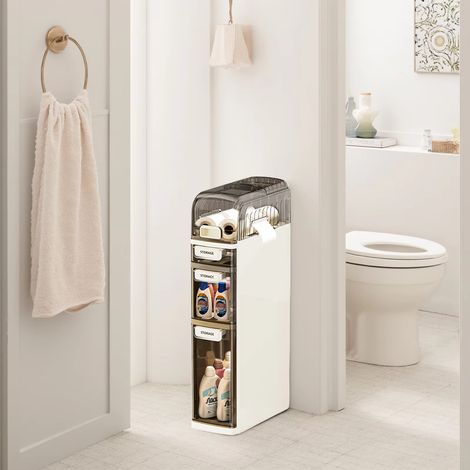 Meuble de rangement étroit, organisateur fin à 3 tiroirs pour petits espaces et salle de bain (avec étagère)