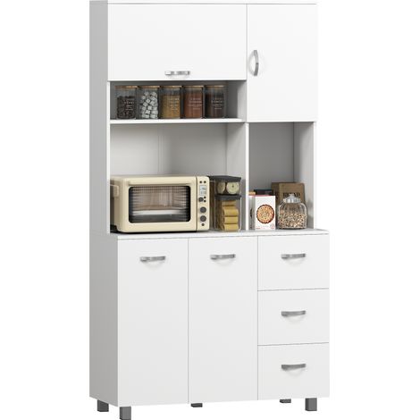 Kitchen Cupboard, 183cm Tall Storage Cabinet with Countertop, Sideboard with 3 Small Drawers, Flip Up Top Door, 3 Cabinet Doors and Open Shelves, 100W x 39.5D x 183.5H cm, White