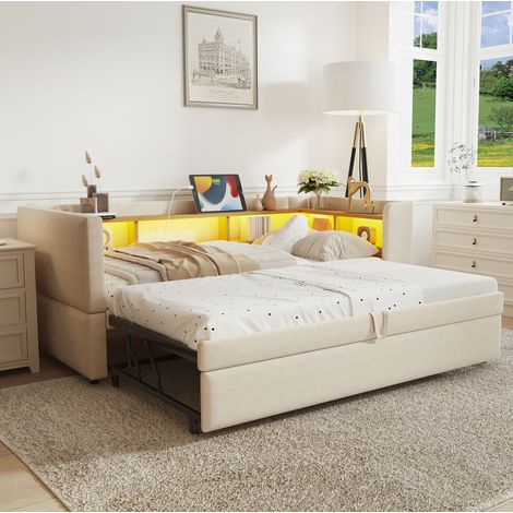 Lit banquette multifonction 90/180x190 cm en flanelle beige, avec LED, prises et rangements intégrés (1/5)