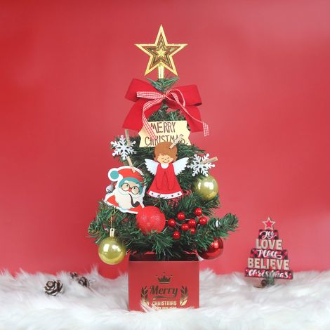 Sapin de Noël artificiel en PVC 45 cm rouge avec guirlande lumineuse et base stable pour intérieur et extérieur