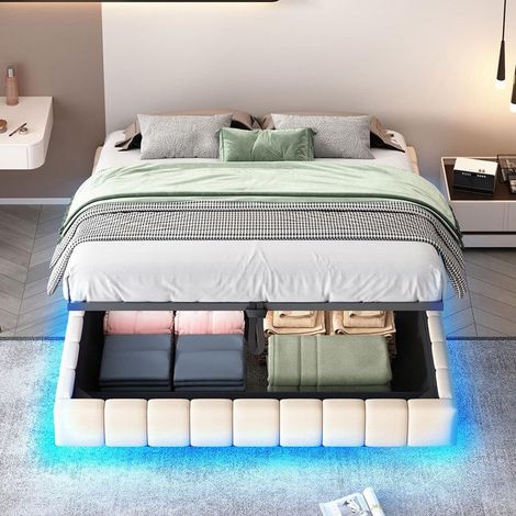 Lit rembourré - GUTENT - 160x200 cm - Beige - Cadre flottant - Eclairage LED (1/5)