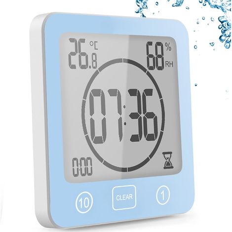 Horloge de Salle de Bain,Minuterie de Douche Numérique à Ventouse, Horloge de Douche étanche avec Hygromètre et Thermomètre,Fonction Compte à rebours, Alarme Numérique LCD,pour Cuisine Maquillage-Bleu (1/5)