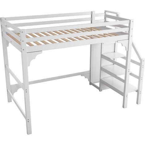 Cama alta 140 x 200 cm con escalera y armario, pino y MDF, blanca, HOMVRA (1/5)