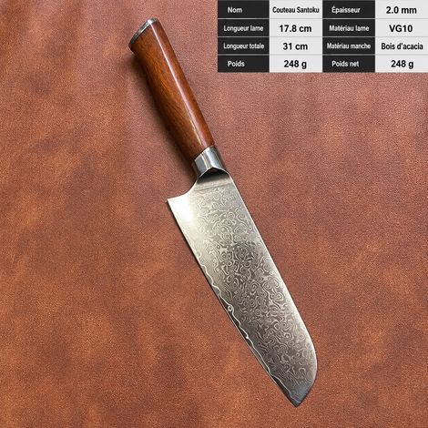 Couteau Santoku de cuisine forgé en acier Damas 67 couches cœur VG10 réf 3883 36 × 8 × 5 cm 300 g – Livraison gratuite