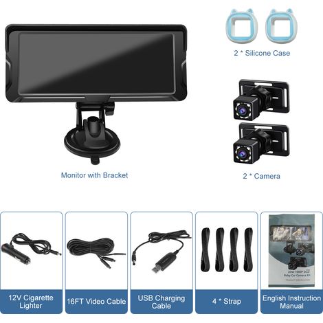 Caméra de voiture pour bébé, moniteur double canal 6.86 pouces 1080P avec Vision nocturne IR et grand Angle de vision de 150 ° pour siège arrière. (1/4)