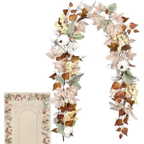 Guirlande de Feuilles d'automne,Guirlande Automne Citrouilles Blanches 1.8 mètres - Décoration Intérieure pour Cour Bureau Porte Fenêtre Fête Cheminée (1/5)