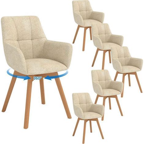 WAFTING Lot de 6 Chaises de Salle à Manger Pivotantes 360°, Accoudoirs et Pieds Bois, Dossier en Fausse Laine d’Agneau.Beige. (1/5)