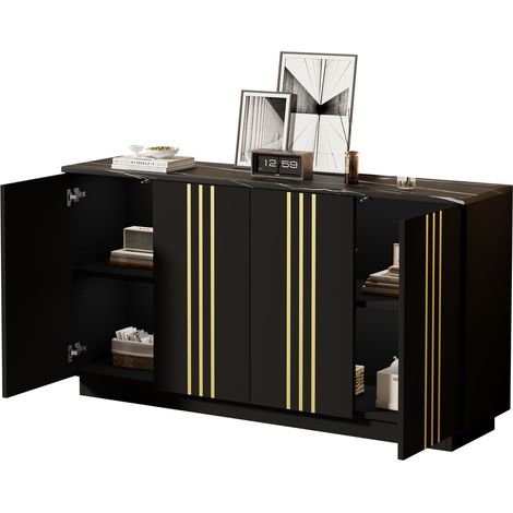 Buffet de salon noir et doré à 4 portes, 140 cm, meuble de rangement avec cloisons réglables en panneaux de particules pour séjour, entrée ou chambre - CHICFURN (1/5)