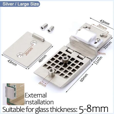 (Grand format argenté extérieur) Kit de charnière pivotante à 90° pour porte de douche en verre (1 pièce), avec vis de fixation pour vitrine, compatible avec verre de 5 à 10 mm. (1/5)