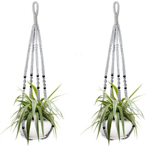 Deux paniers suspendus pour plantes d'intérieur, en corde de coton grise, de 98 cm de long, ornés de perles en bois. Crochets non inclus.