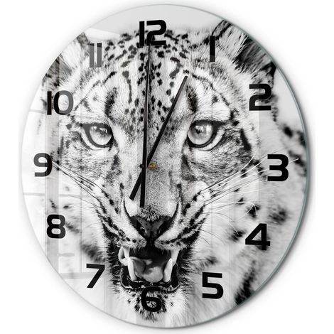 Horloge Murale Ronde Décoration Maison Classique Verre Trempé Silencieuse Léopard des neiges fi 60 cm (1/5)