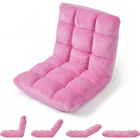 Adjustable 14-Position Floor Chair Folding Couch Recliner with Soft Flannel Cover-Pink (1/2)