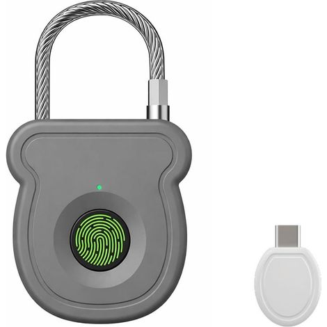 Cette serrure à empreinte digitale intelligente ne nécessite aucune clé, possède une longue autonomie et comprend une clé d'urgence USB (grise). (1/5)